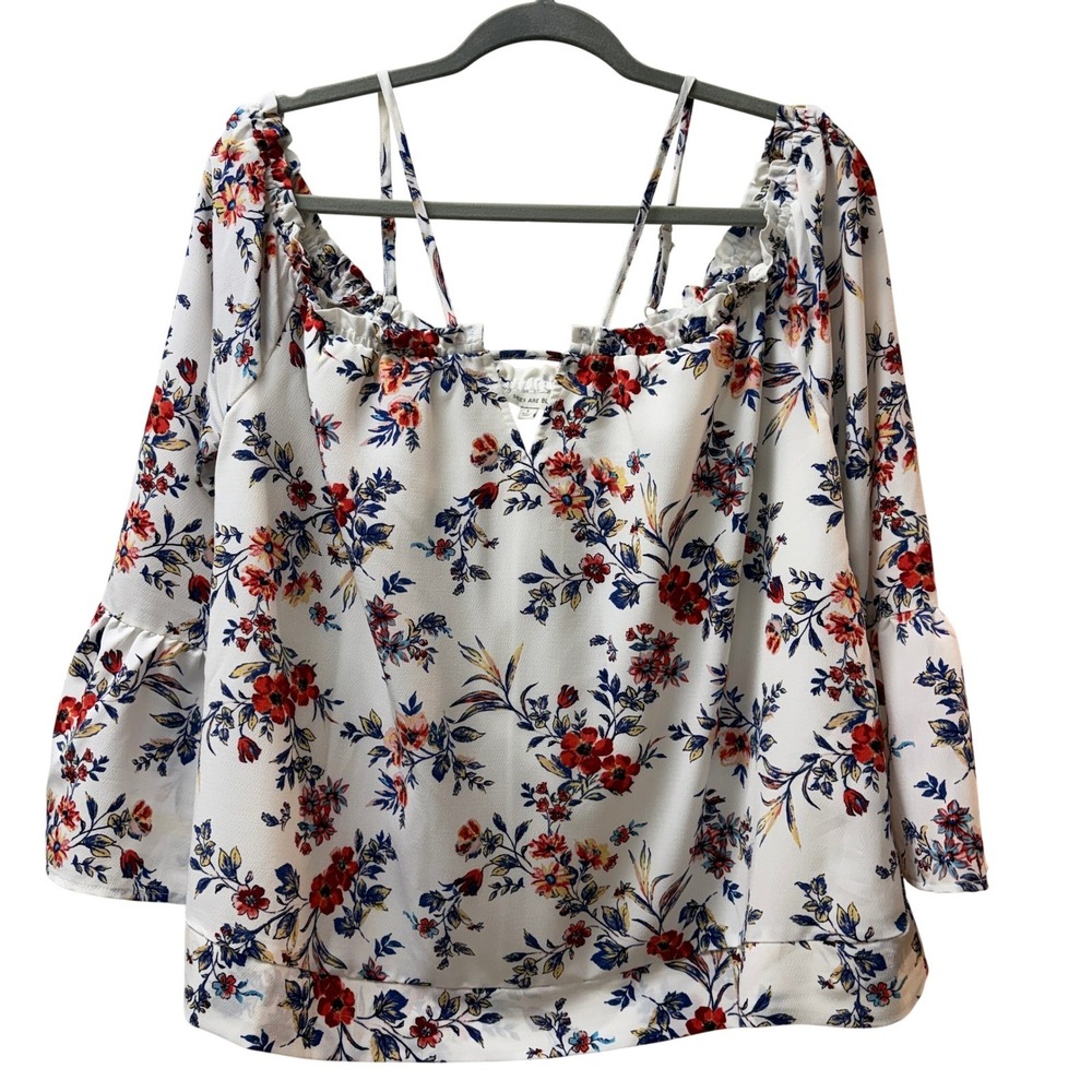Skies Are Blue Floral Off The Shoulder Bell Sleeve Blouse White Red Blue Large